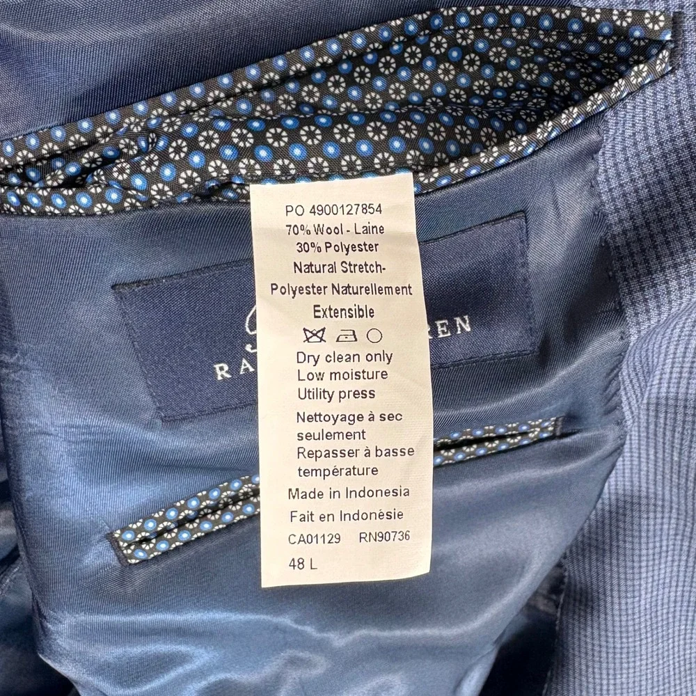 Ralph Lauren Men 48L Blue Wool Blend Check Blazer Sport Coat Jacket Professional